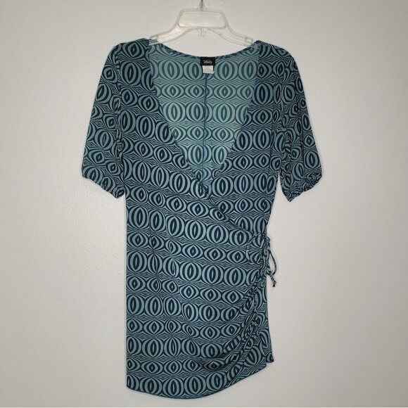 Vintage y2k 2000s psychedelic faux wrap girlies retro v neck tunic blouse medium - Picture 1 of 6